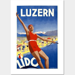 Vintage Travel Poster - The Beach at Lucerne (Luzern), Switzerland Posters and Art